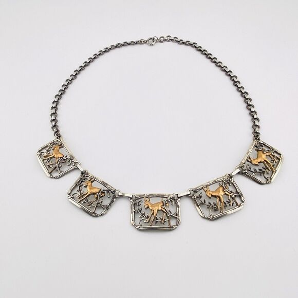 Mixed Metals Necklace Deer Panels Silver Plated n Copper Coro Design 17" Vintage - Picture 3 of 5